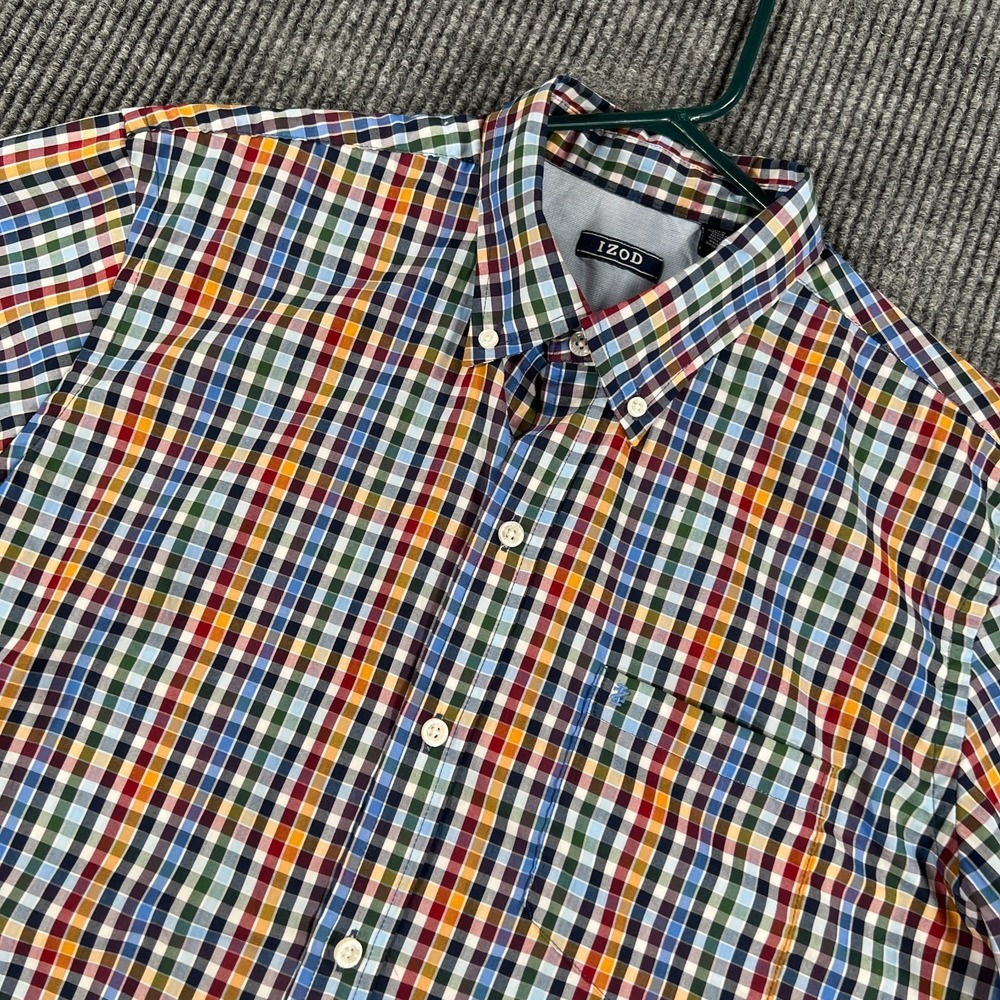 IZOD Shirt Mens Large Blue Orange Short Sleeve Button Down Plaid Casual Outdoor